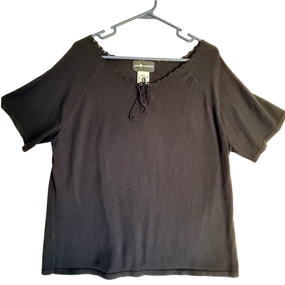 Sag Harbor Womens Knit Top Extra Large XL Black Short Sleeve Lace Trim - Picture 1 of 6